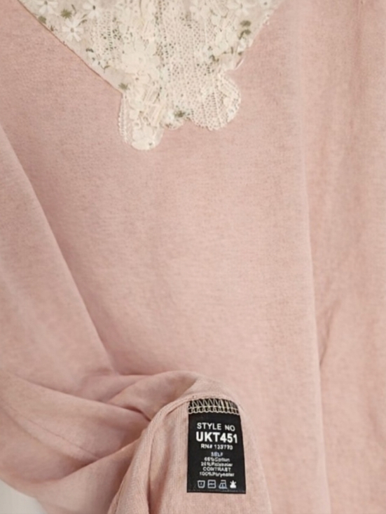 POL Zinnia Pink Floral Cactus Applique Boho Long Sleeve Top Medium - Picture 8 of 9